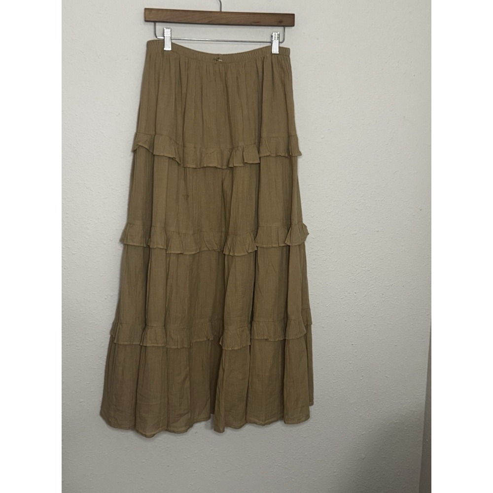 Aerie Women's Camel Color Solid Tiered Ruffle Long Skirt, Size L, Elastic Waist